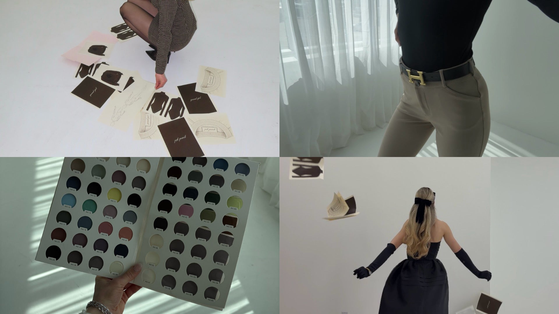 Collage of four images showing Alivia Croal, founder of Grand Girl Clothing, with a patterned paper, her in a room with curtains showing off the bodysuit, her hand holding a color swatch book, and a her showing off her eye for elegance while wearing a dress.